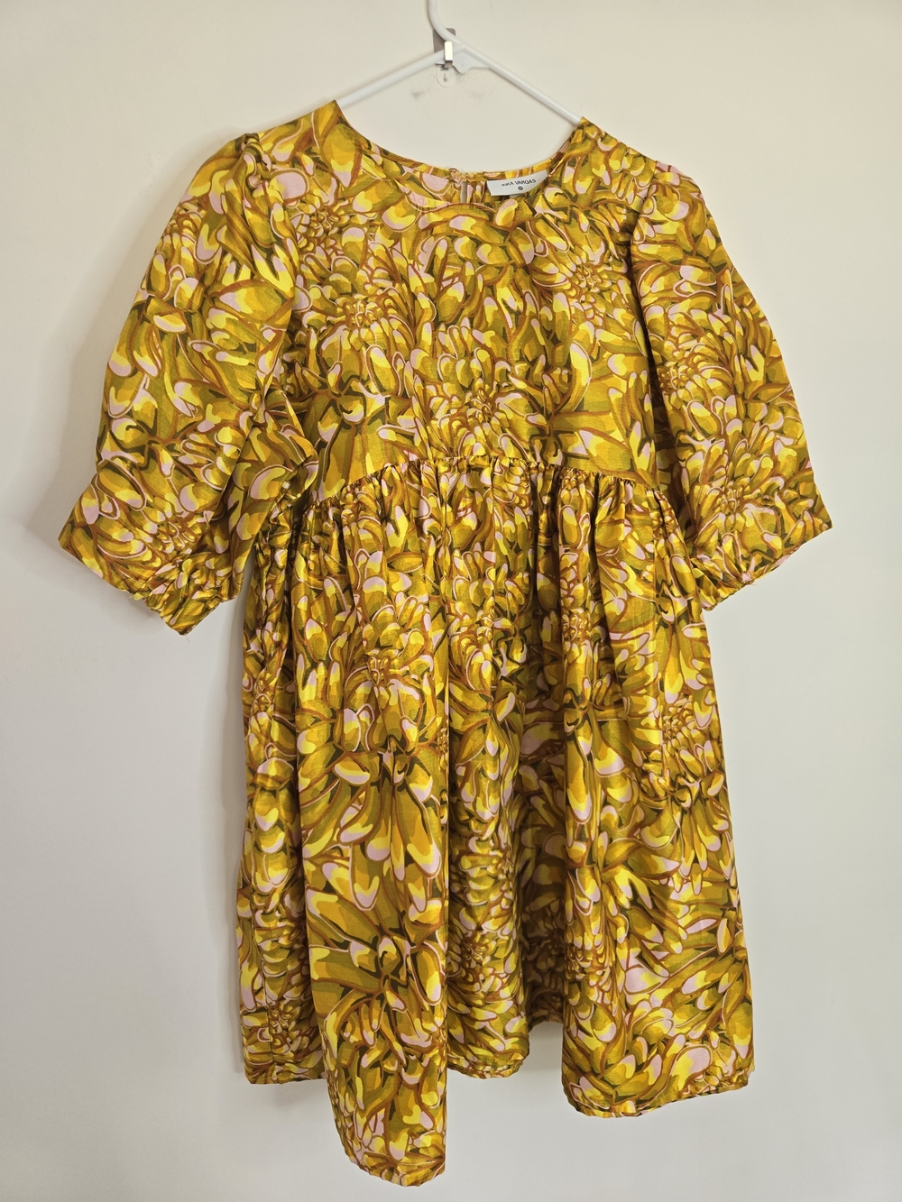 Kika Vargas Yellow Floral Puff-Sleeve Dress Feminine Cocktail Elegant Size Large